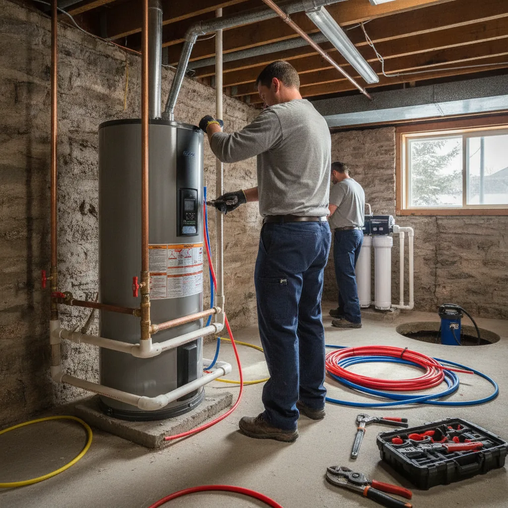 Plumber installing a water heater in a basement with exposed concrete walls and wooden beams.