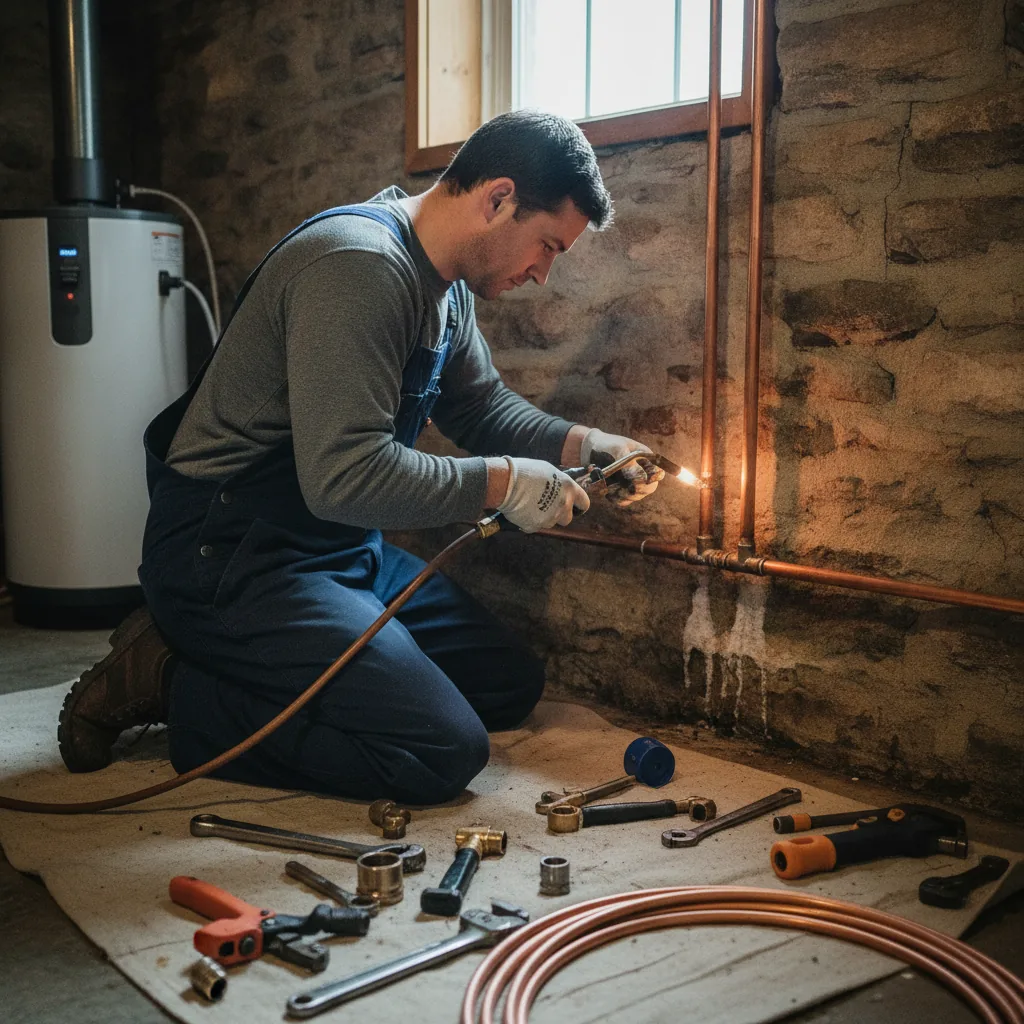 Plumber soldering copper pipes in a basement with tools and water heater visible.